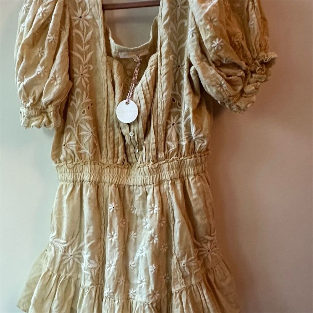LoveShackFancy Tomasina Mini Dress Yellow Embroidered Puff Sleeve S - Picture 3 of 5
